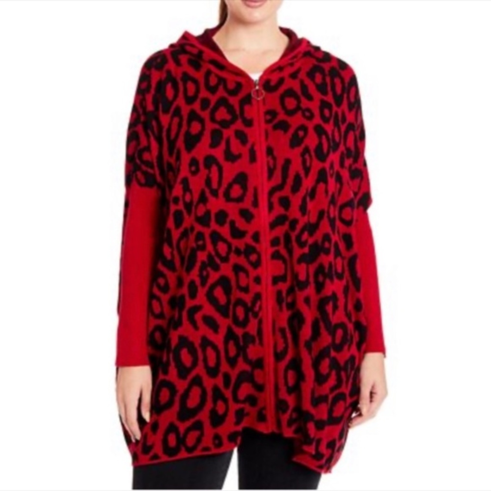 Joseph A Leopard-Knit Hooded Zip-Front Poncho